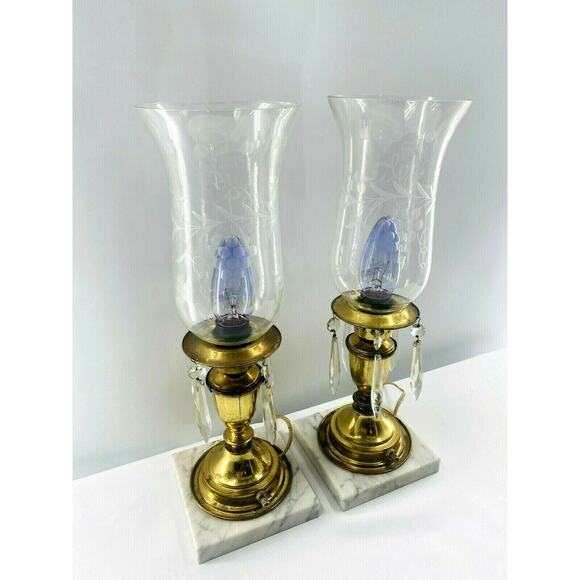 2 Hollywood Regency Candle Lamps MCM Hurricane Marble Brass w Glass Prisms 16" - Picture 2 of 12